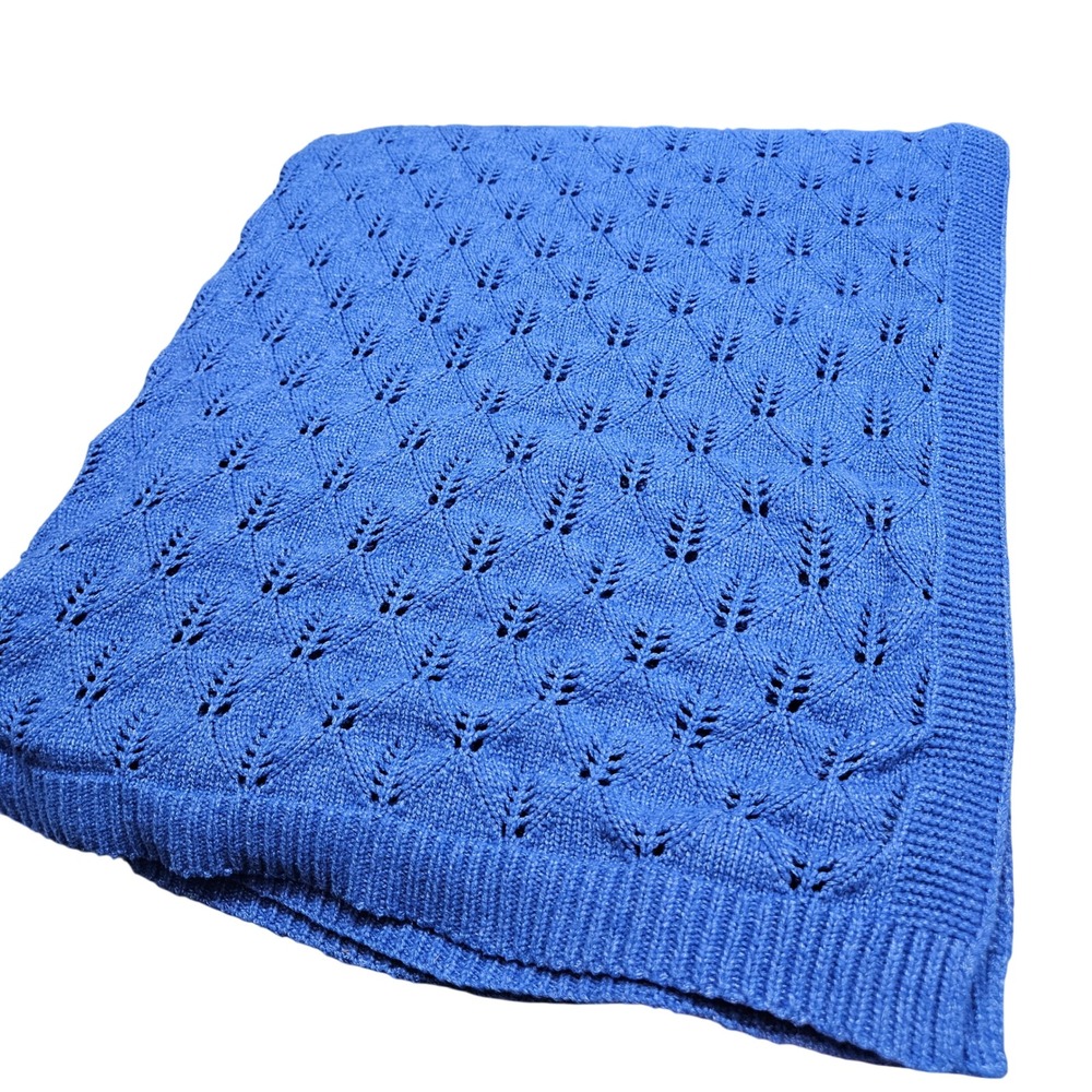 Shabby Chic Throw Blanket Blue Pointelle Leaf Knit Ribbed Trim Farmhouse Cozy